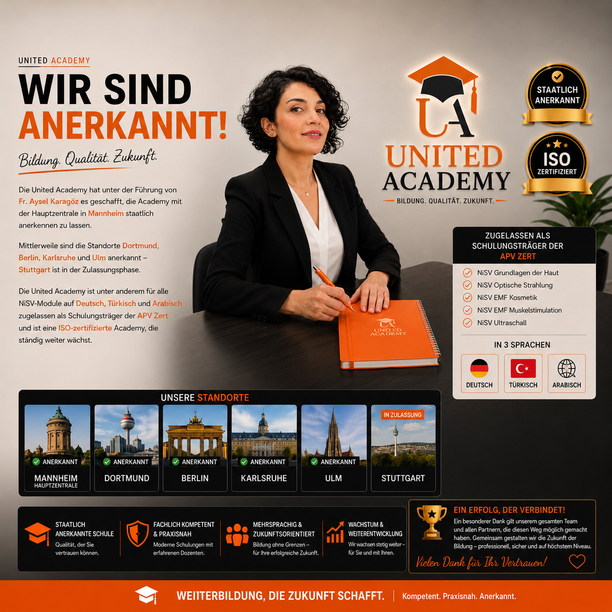 United Academy auf Wachstumskurs: Staatliche Anerkennung, fünf anerkannte Standorte und mehrsprachige NiSV-Fachkunde
